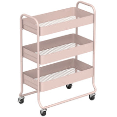 HOMCOM 3-Tier Storage Trolley on Wheels, Rolling Utility Cart with Mesh Backets for Kitchen, Bathroom, Bedroom, Light Pink