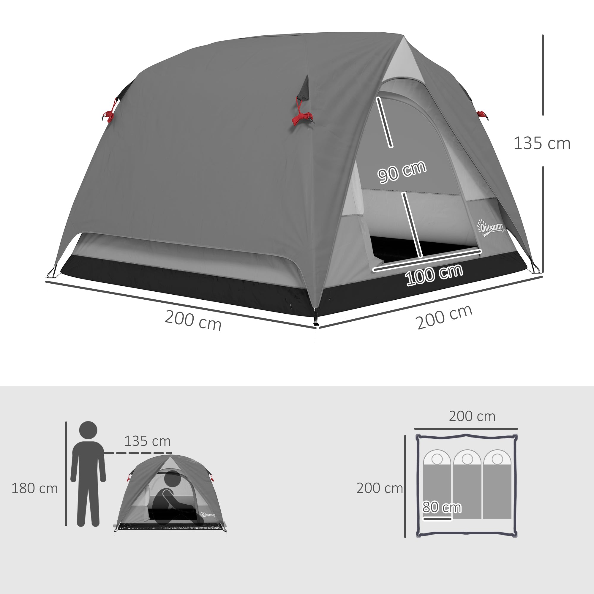 Outsunny 3-4 Person Camping Tent, Easy Set Up 3-4 Man Tent w/ Sewn-in Groundsheet, Waterproof Dome Tent w/ Mesh Windows, Grey