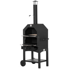 Outsunny Outdoor Garden Pizza Oven Charcoal BBQ Grill 3-Tier Freestanding w/ Chimney, Mesh Shelf, Thermometer Handles, Wheels Garden Party Gathering Stainless Steel Cooker