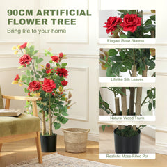 HOMCOM 90cm Artificial Rose Tree, Decorative Fake Plant with 344 Silk Leaves 17 Flowers for Outdoor Indoor Decor, Red