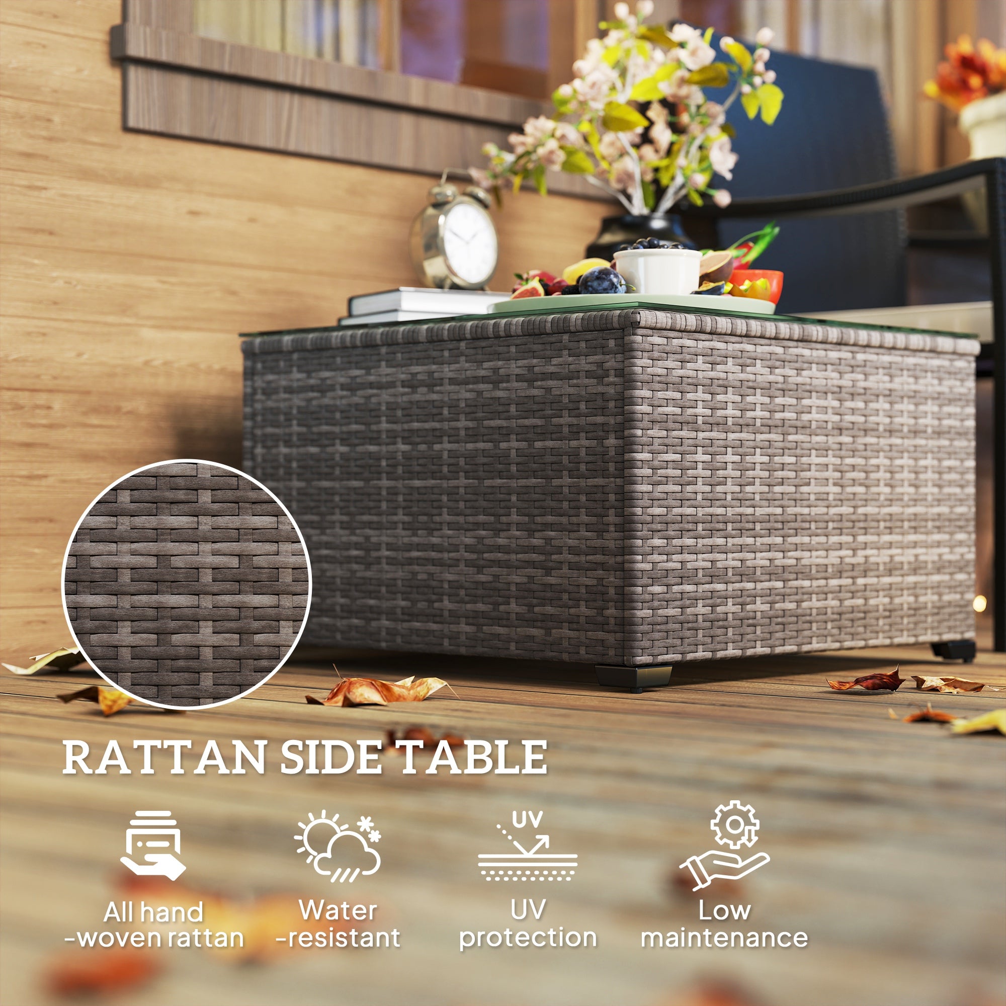 Outsunny 62 x 62cm Glass-Top Rattan Side Table - Dark Grey