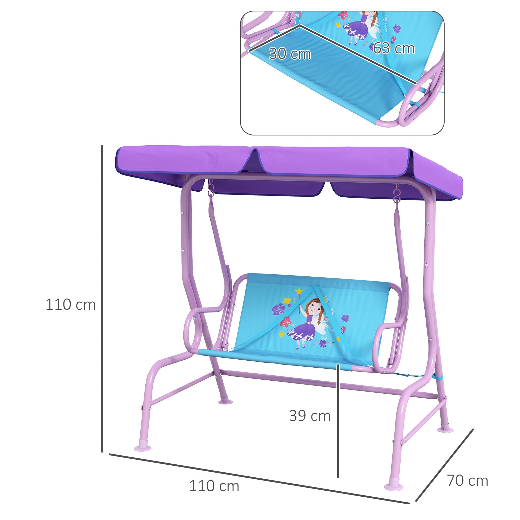 Outsunny Two Seater Kids Garden Swing, Fairy Themed kids Swing Chair with Adjustable Canopy, Safety Belts for Outdoor Use