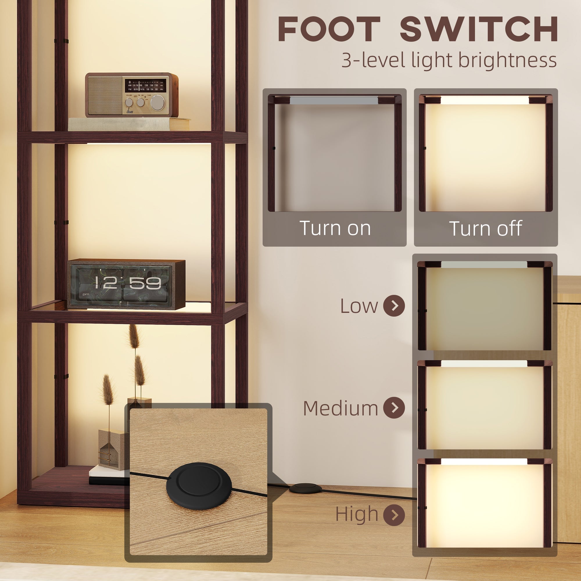 HOMCOM LED Floor Lamp with Glass Shelves, 4 Layers Dimmable Tall Standing Lamp, Modern Column Shelf Floor Light for Living Room, Bedroom, Office, Dark Brown