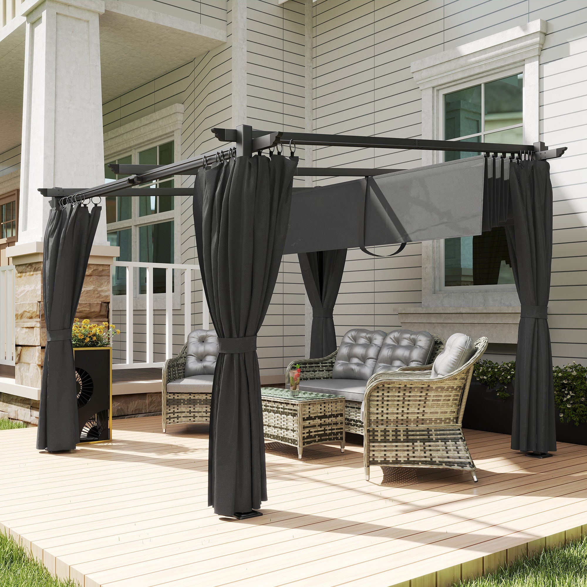 Outsunny 3 x 3 m Retractable Roof Pergola, with Curtains - Dark Grey