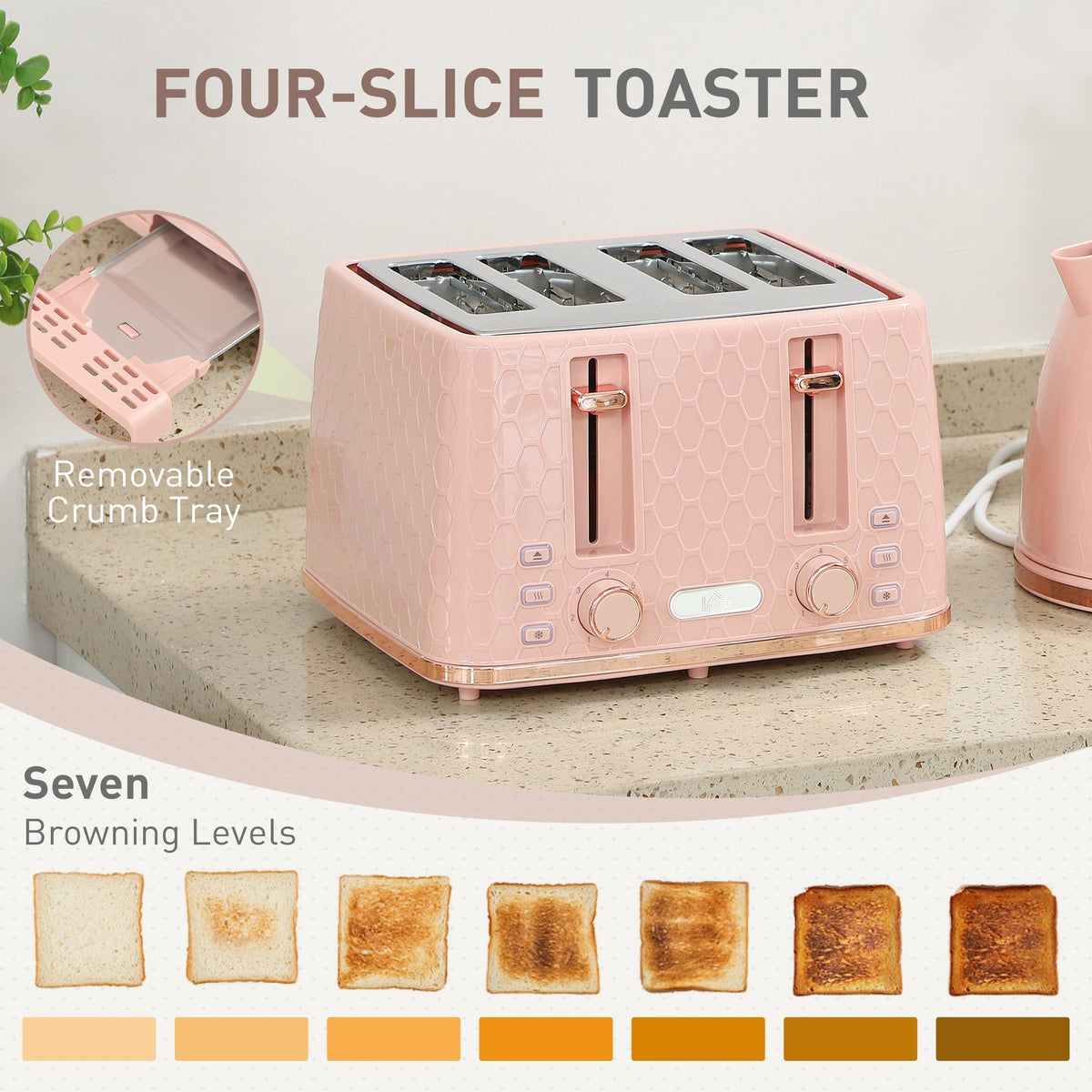 HOMCOM Kettle and Toaster Set, 1.7L 3000W Fast Boil Jug Kettle, 4 Slice Toaster with 7 Level Browning Controls, Light Pink