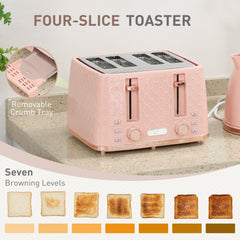 HOMCOM Kettle and Toaster Set, 1.7L 3000W Fast Boil Jug Kettle, 4 Slice Toaster with 7 Level Browning Controls, Light Pink
