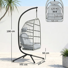 Outsunny Hanging Egg Chair, Indoor Outdoor Hammock Swing Chair with Stand, Safety Strap, Foldable Basket, Light Grey