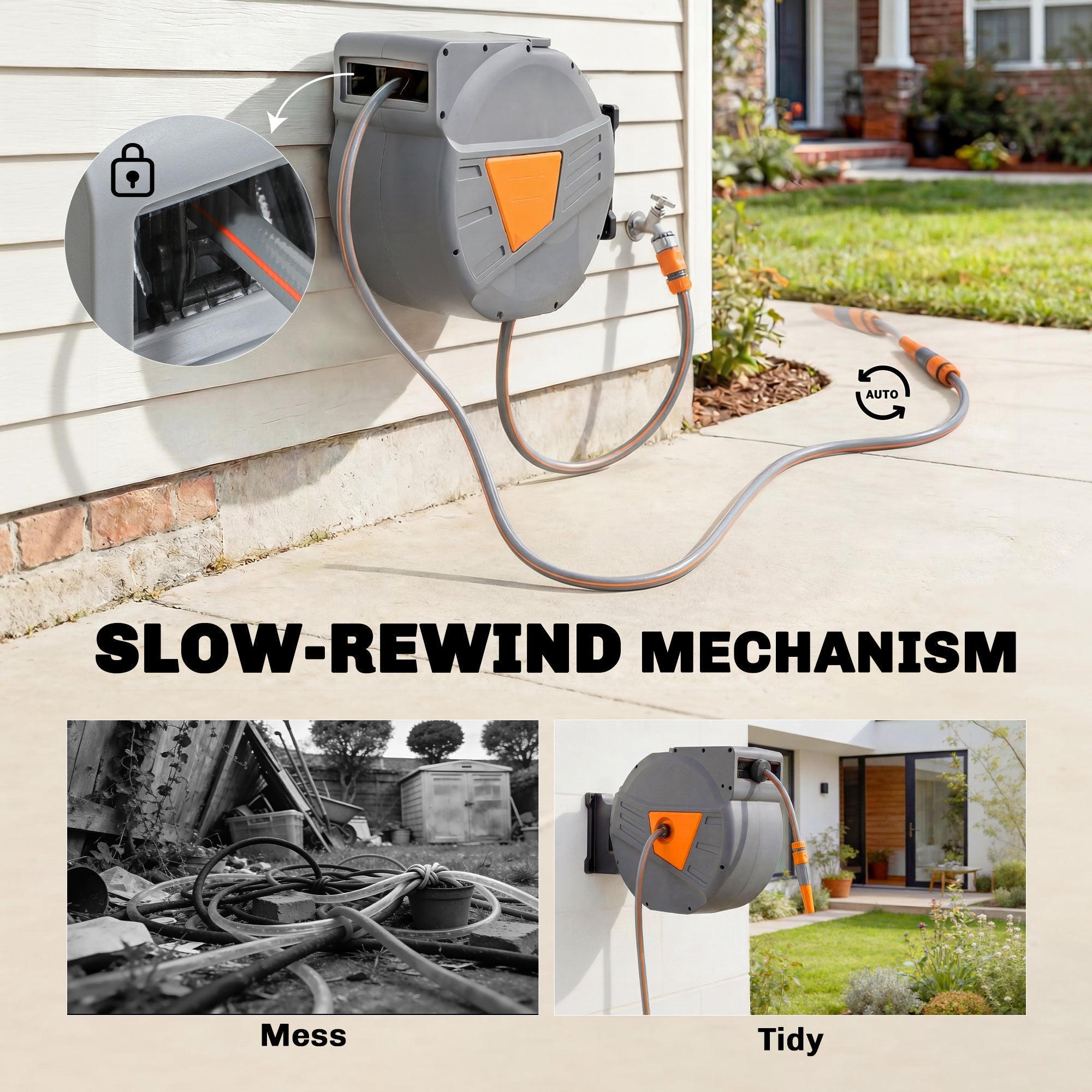 Outsunny Retractable Hose Reel Wall Mounted, 40+2m Garden Hose Pipe Reel with Auto Retraction, Self-Locking, Orange