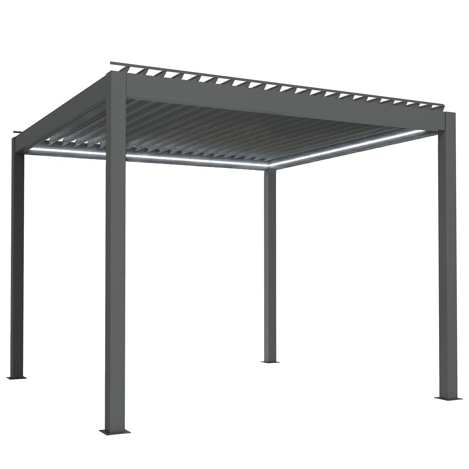 Outsunny 3 x 3(m) Electric Louvered Pergola with LED Lights, Aluminium Pergola Hardtop Gazebo with Remote, Adjustable Roof and Drainage System, Water and UV Proof