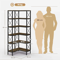 HOMCOM 5-Tier L-Shaped Bookshelf, Freestanding Corner Bookcase with Metal Frame, Rustic Brown
