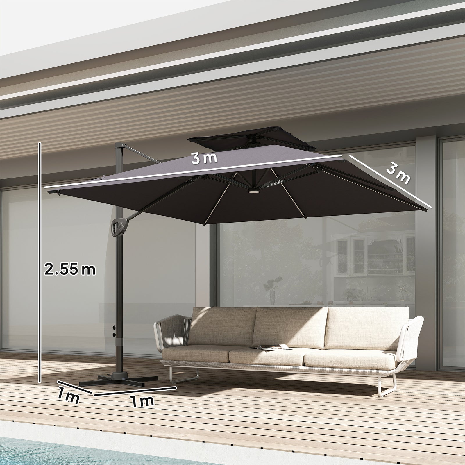 Outsunny 3.5x3 m Garden Cantilever Parasol with Solar LED Lights and Centre Light, Aluminium Large Square Patio Umbrella, UPF50+ Hanging Sun Shade with Cross Base, Crank Handle and Tilt, Grey