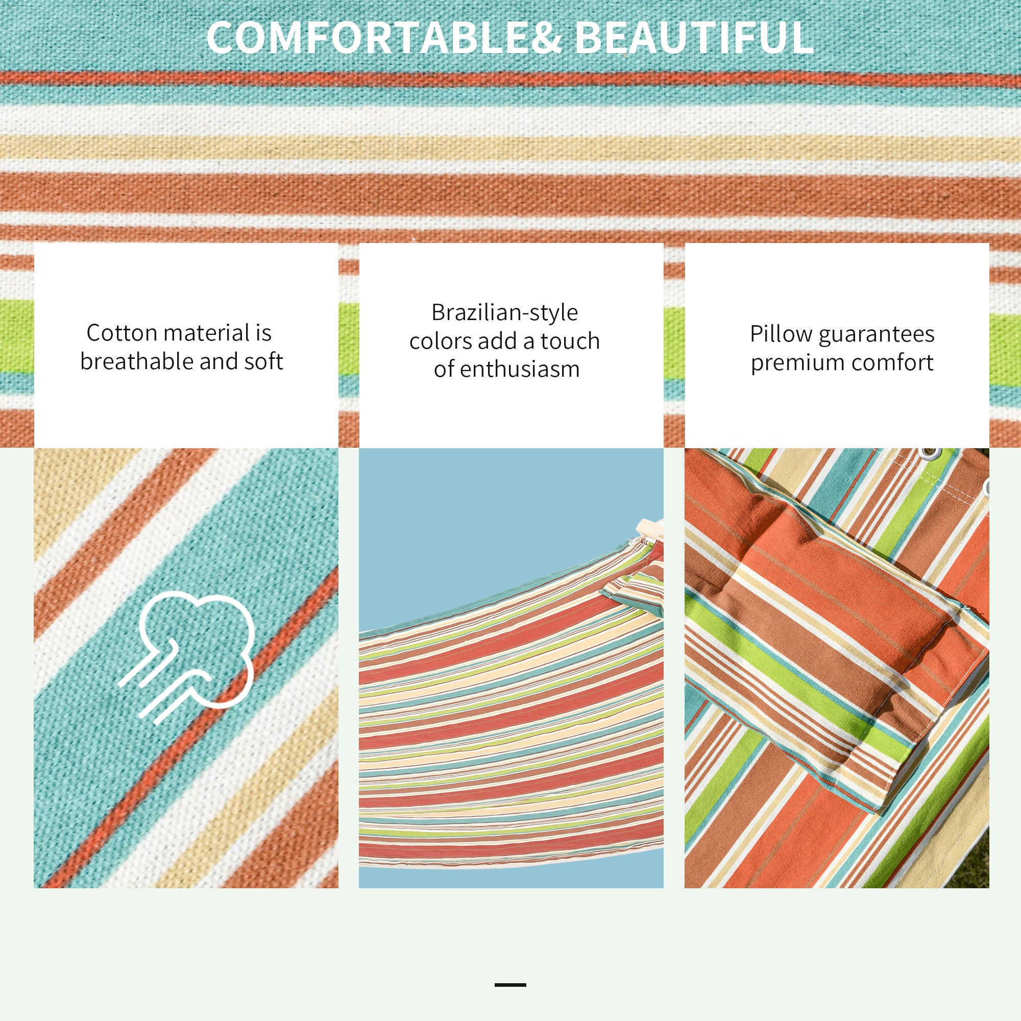 Outsunny Double Cotton Hammock Camping Swing Outdoor Garden Beach Stripe Hanging Bed with Pillow, 188 x 140 cm, 180 KG Capacity, Red