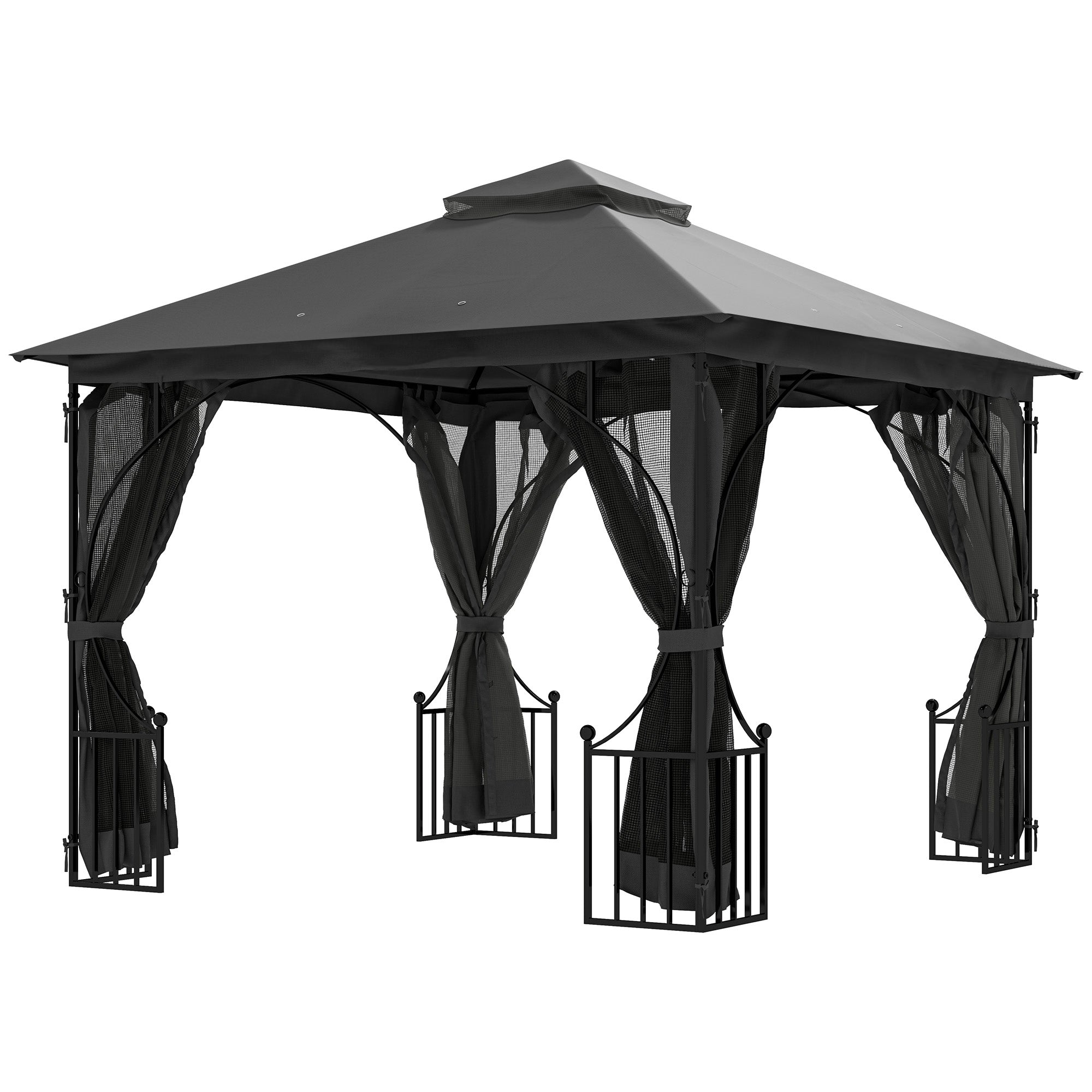 Outsunny 3 x 3m Garden Gazebo Patio Party Tent Shelter Outdoor Canopy Double Tier Sun Shade with Metal Frame and Netting, Dark Grey