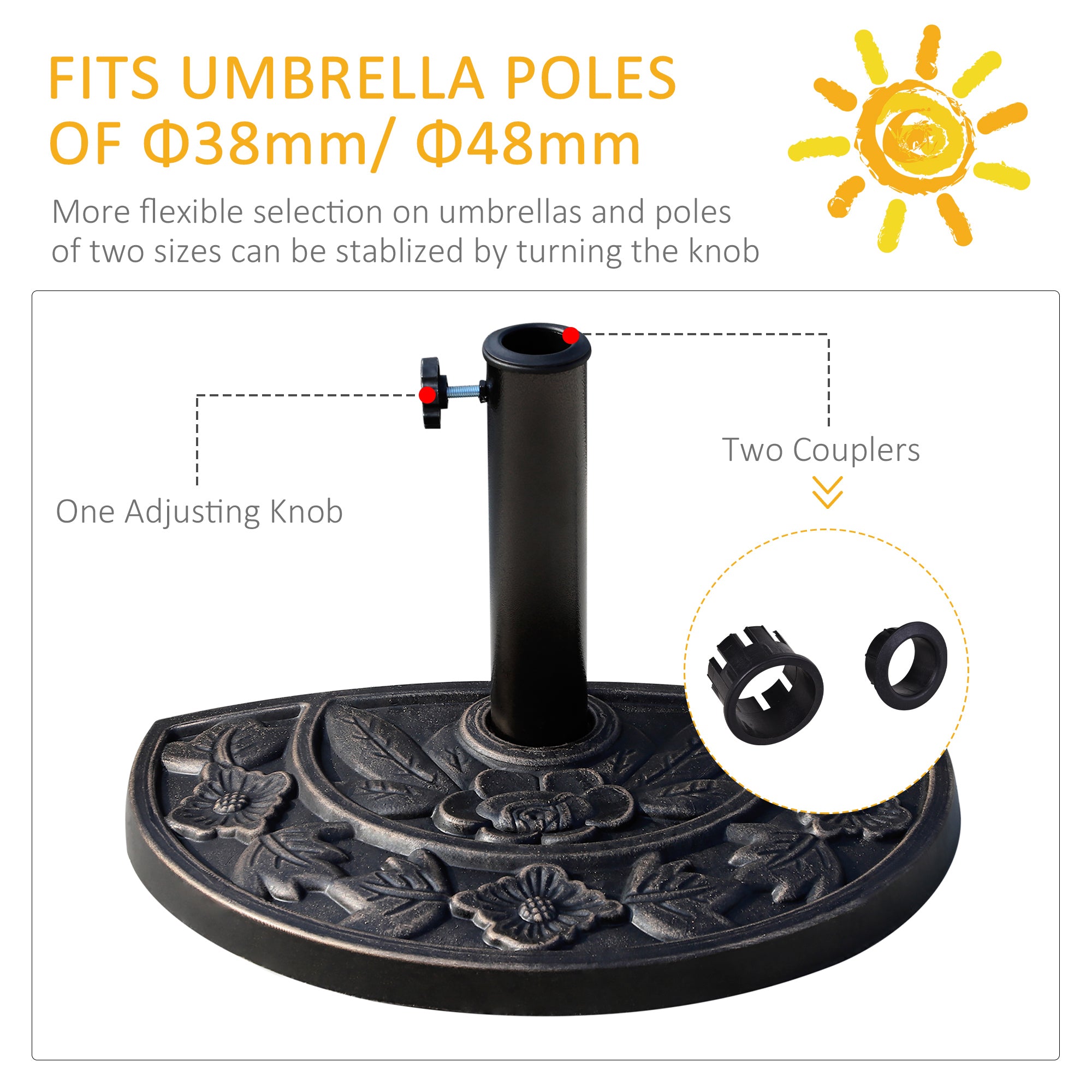 Outsunny 9kg Resin Parasol Base, Half Round Umbrella Stand with Floral Design for Garden, Outdoor, Suitable Umbrella Rod: 3.8cm, 4.8cm, Bronze Tone