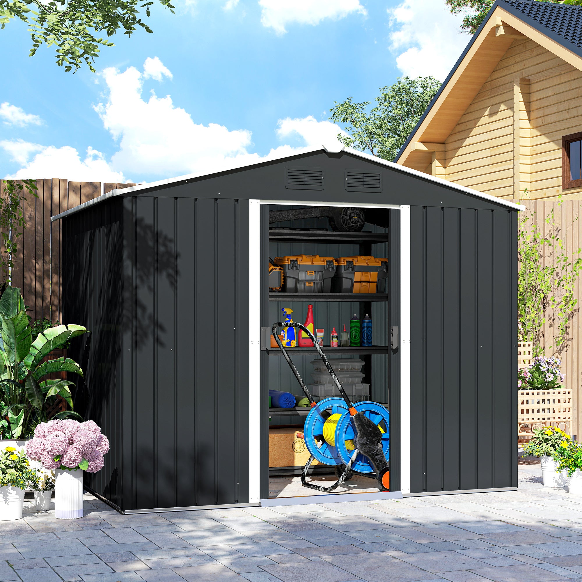 Outsunny 7.7 x 5.7ft Metal Garden Shed, Galvanised Outdoor Tool Storage House with Ventilation Slots and Sliding Doors, Grey