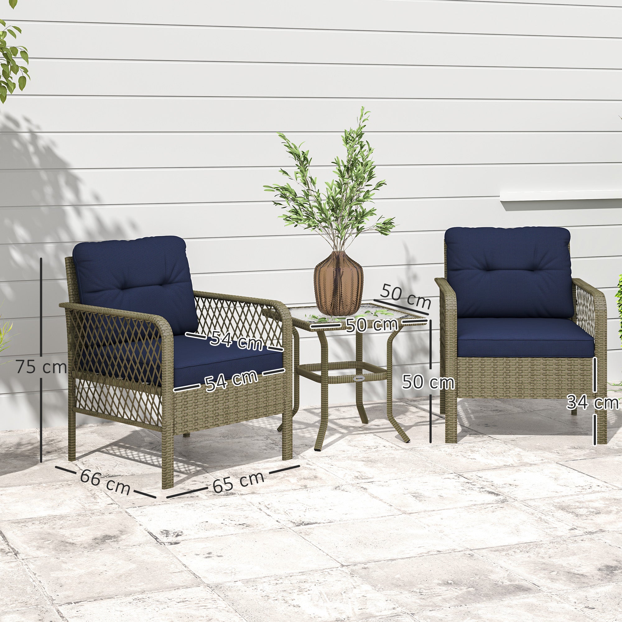 Outsunny 3 Pieces Rattan Bistro Set with Glass Top Coffee Table, Chairs and Cushions for Outdoor, Patio, Balcony, Charcoal Grey