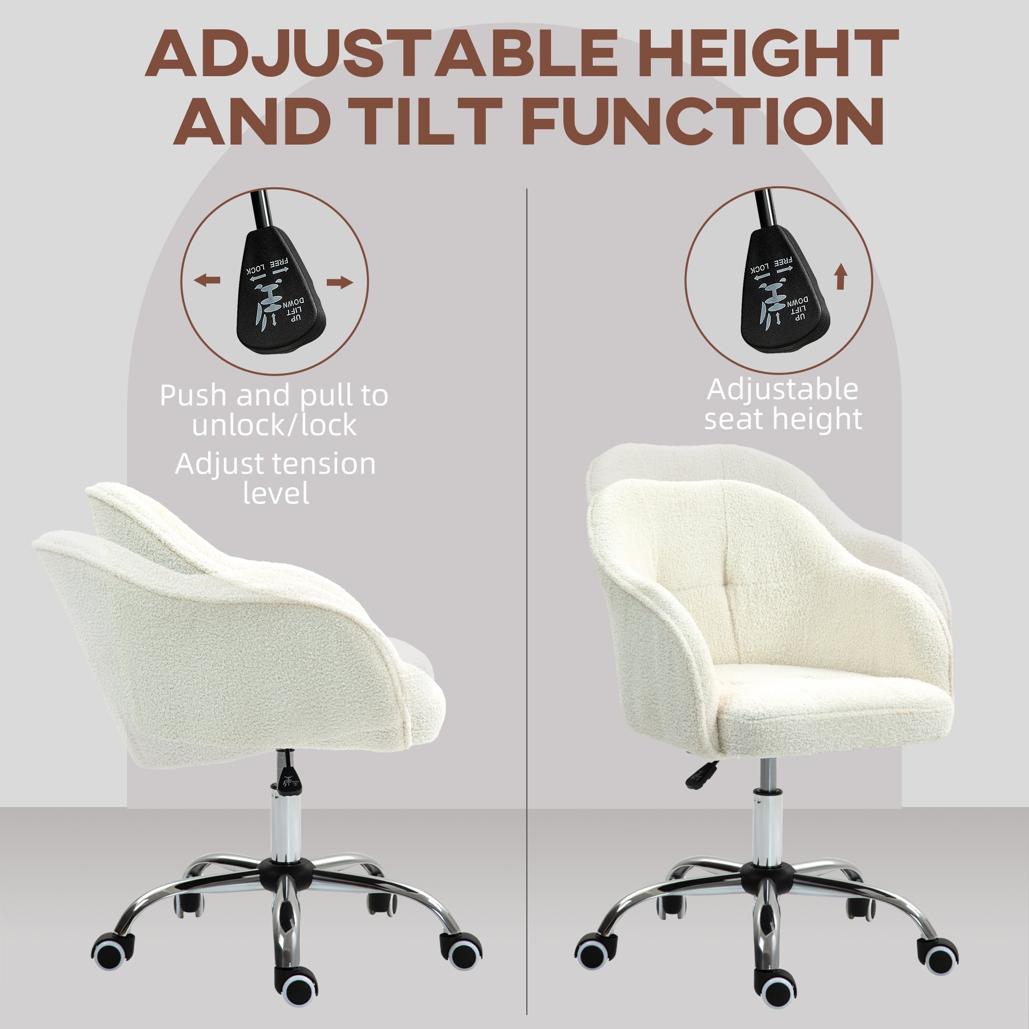 HOMCOM 46-56 cm Teddy Fleece Office Chair - Cream