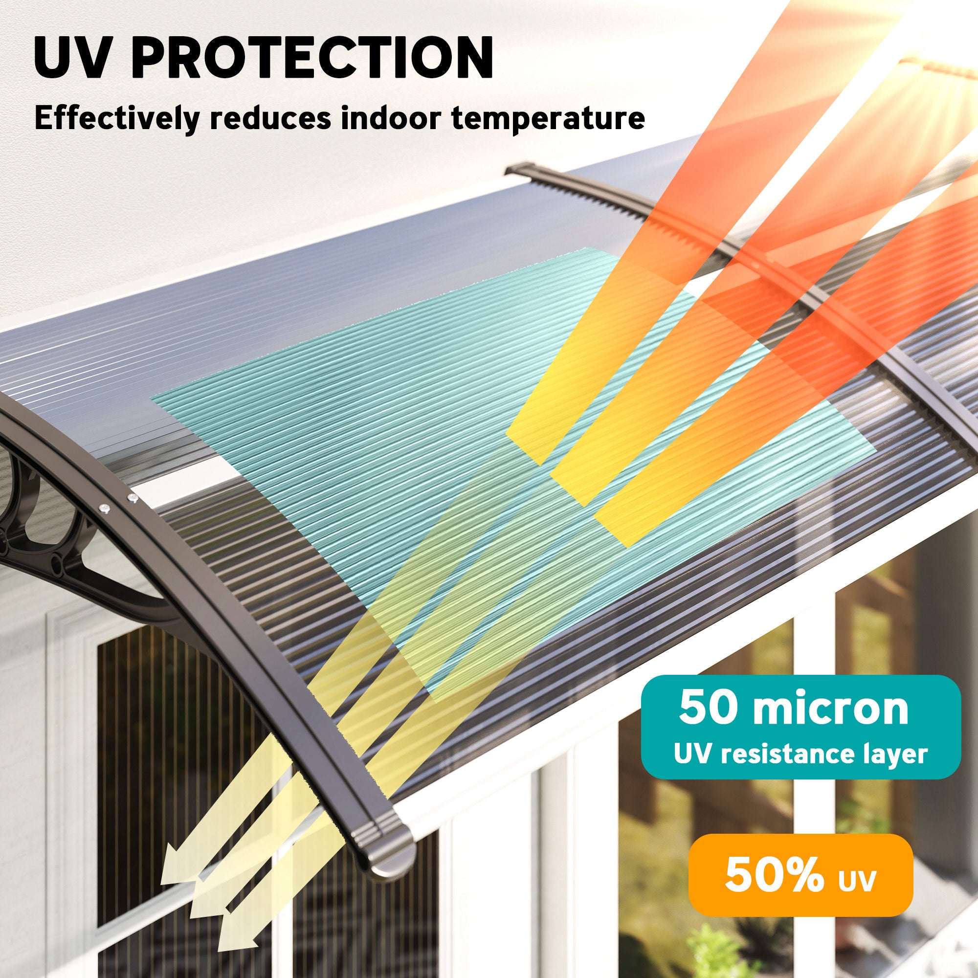 Outsunny Front Door Canopy Outdoor Awning Aluminium Rigid Plastic Polycarbonate Rain Shelter UV Water Rain Resistant 196 x 75cm Black