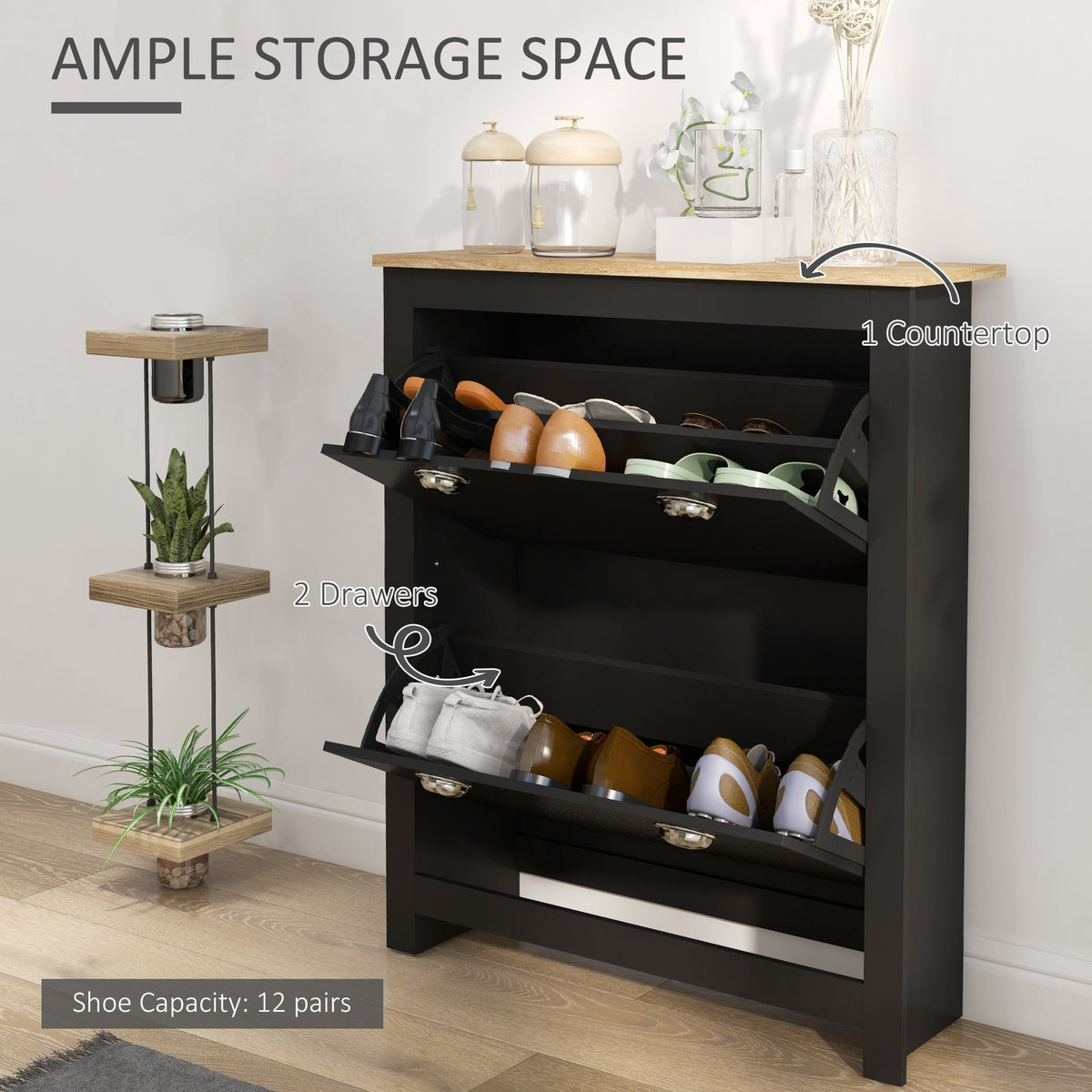 HOMCOM 2 Drawer Shoe Cabinet Modern Narrow Shoe Cupboard Hallway Wooden Storage Organiser with Flip Doors Adjustable Shelf for 6-12 Pairs, Black