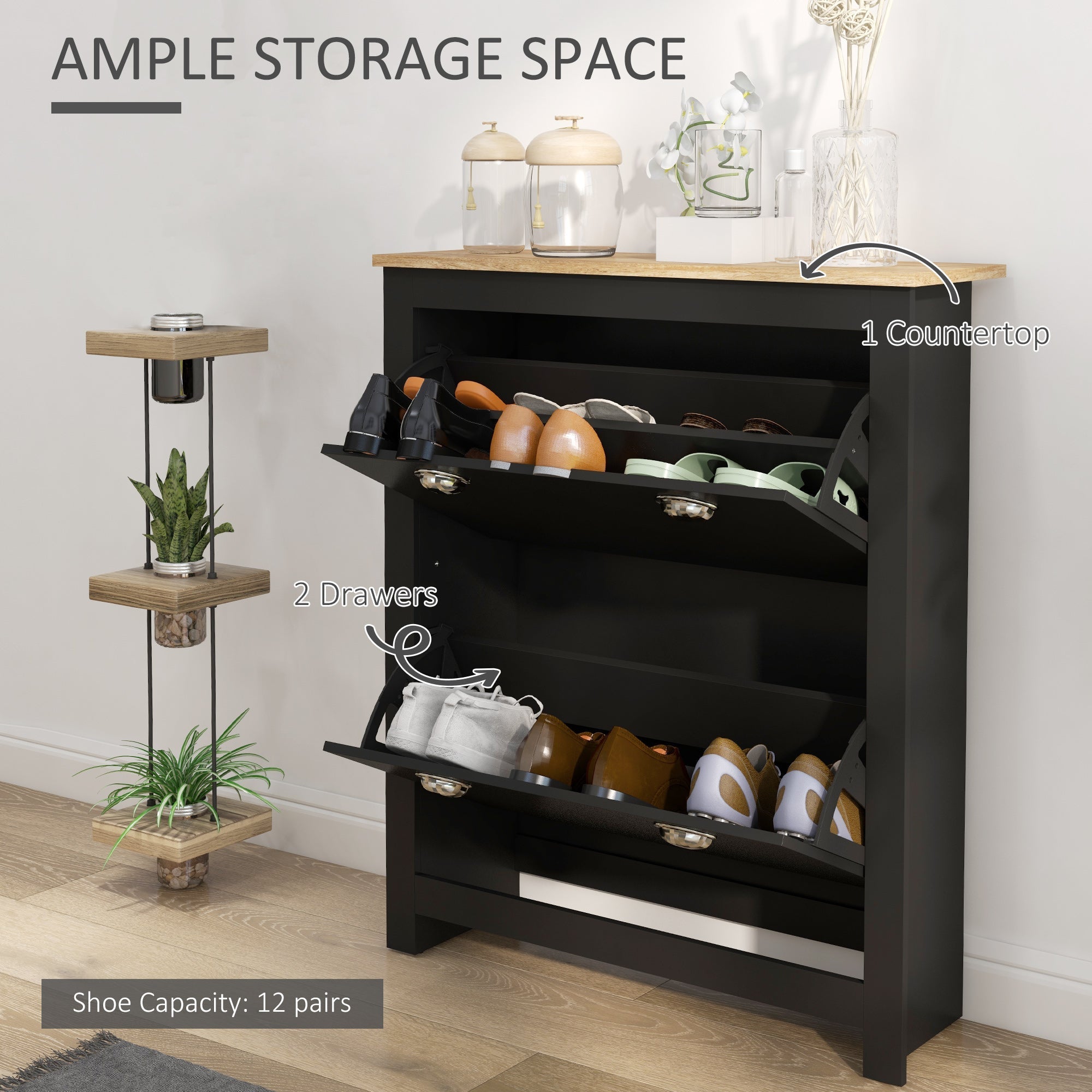 HOMCOM 2 Drawer Shoe Cabinet Modern Narrow Shoe Cupboard Hallway Wooden Storage Organiser with Flip Doors Adjustable Shelf for 6-12 Pairs, Black