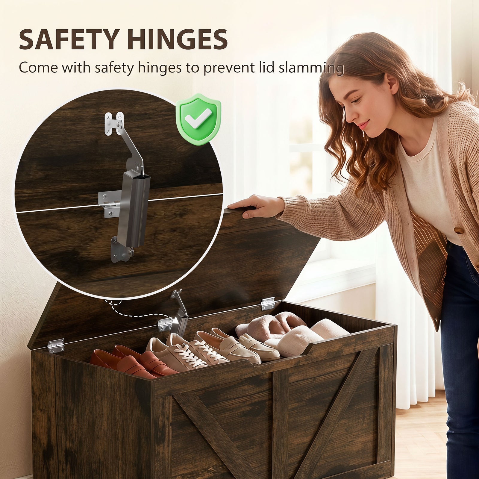 HOMCOM 100L Home Storage Box, with Safety Hinge - Rustic Brown Wood-Effect