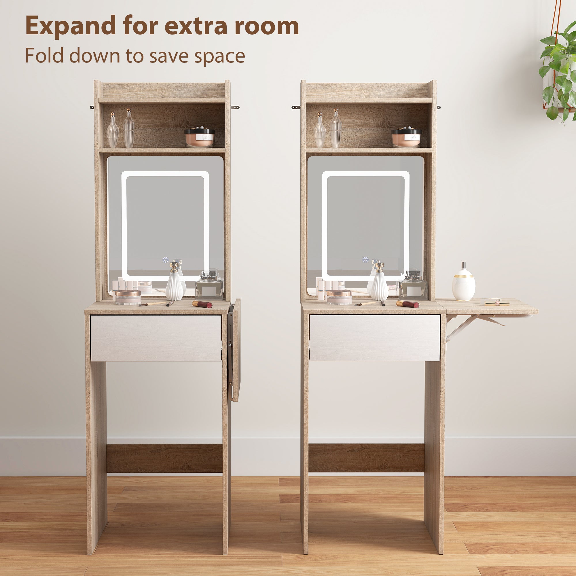 HOMCOM Small Vanity Desk with Mirror and LED Lights, Compact Dressing Table with Drop Leaf, Open Shelves, Natural Wood