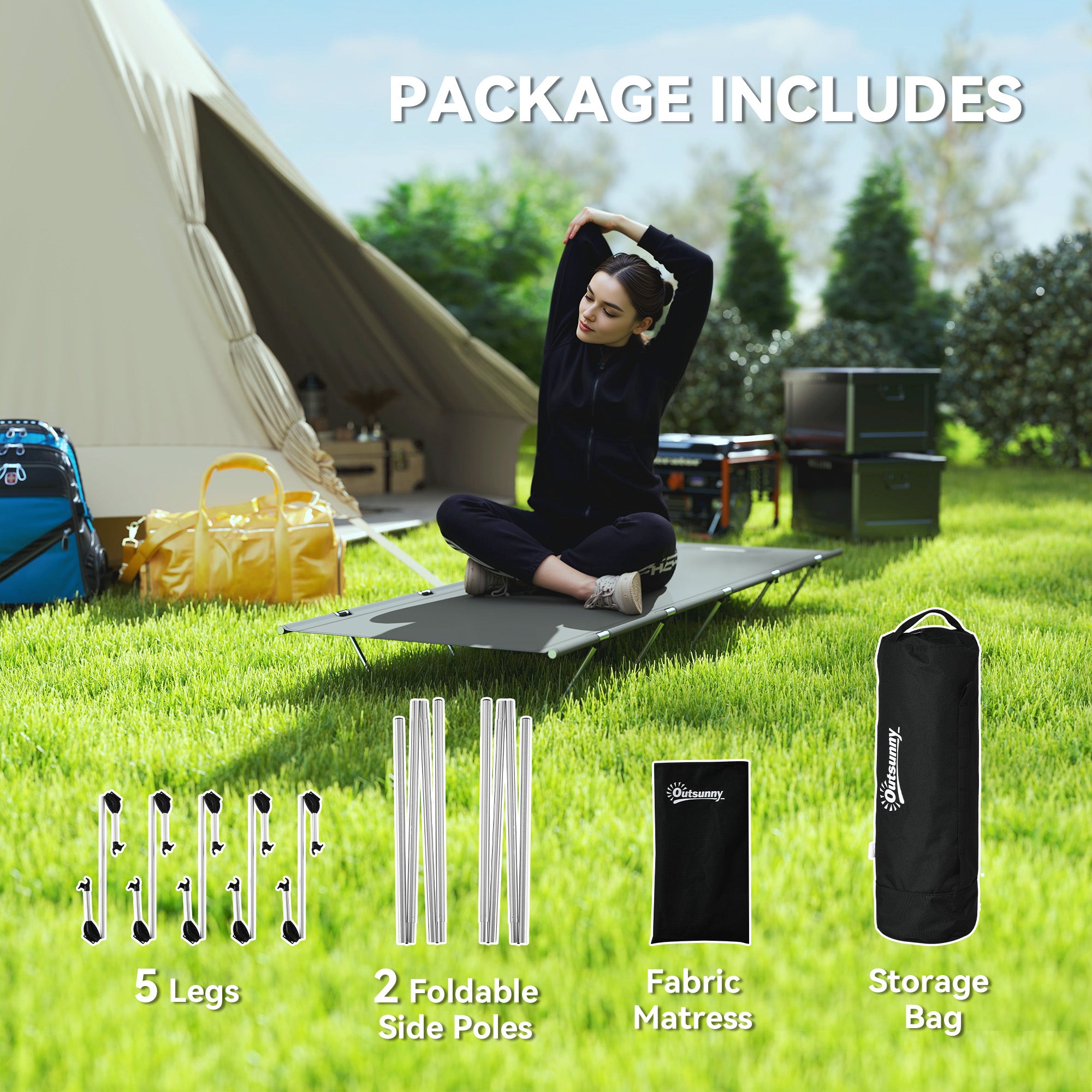 Outsunny Lightweight Camping Bed, Aluminium Portable Camp Cot w/ Strong Support 150kg and Carry Bag for Camping, Dark Grey