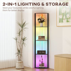 HOMCOM RGB LED Floor Lamp with Shelves, 4-Tier Dimmable Standing Lamp with Remote Control, Black