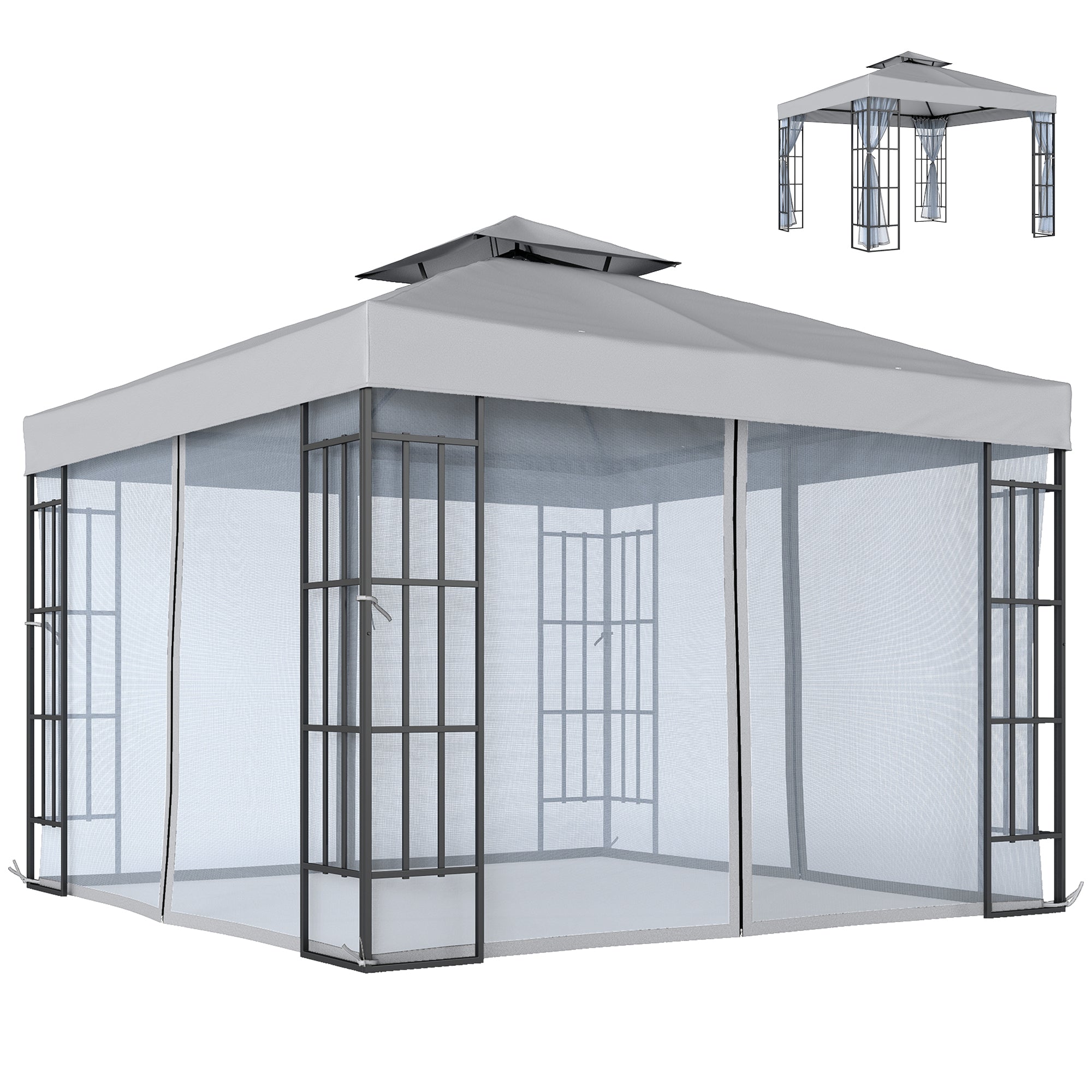 Outsunny 3 x 3(m) Patio Gazebo Canopy Garden Pavilion Tent Shelter with 2 Tier Roof and Mosquito Netting, Light Grey