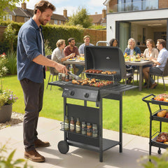 Outsunny Gas Burner Barbecue Grill, 2 Burner Gas Grill with Side Tables, Warming Rack, Shelf, Thermometer, Grease Tray, Black