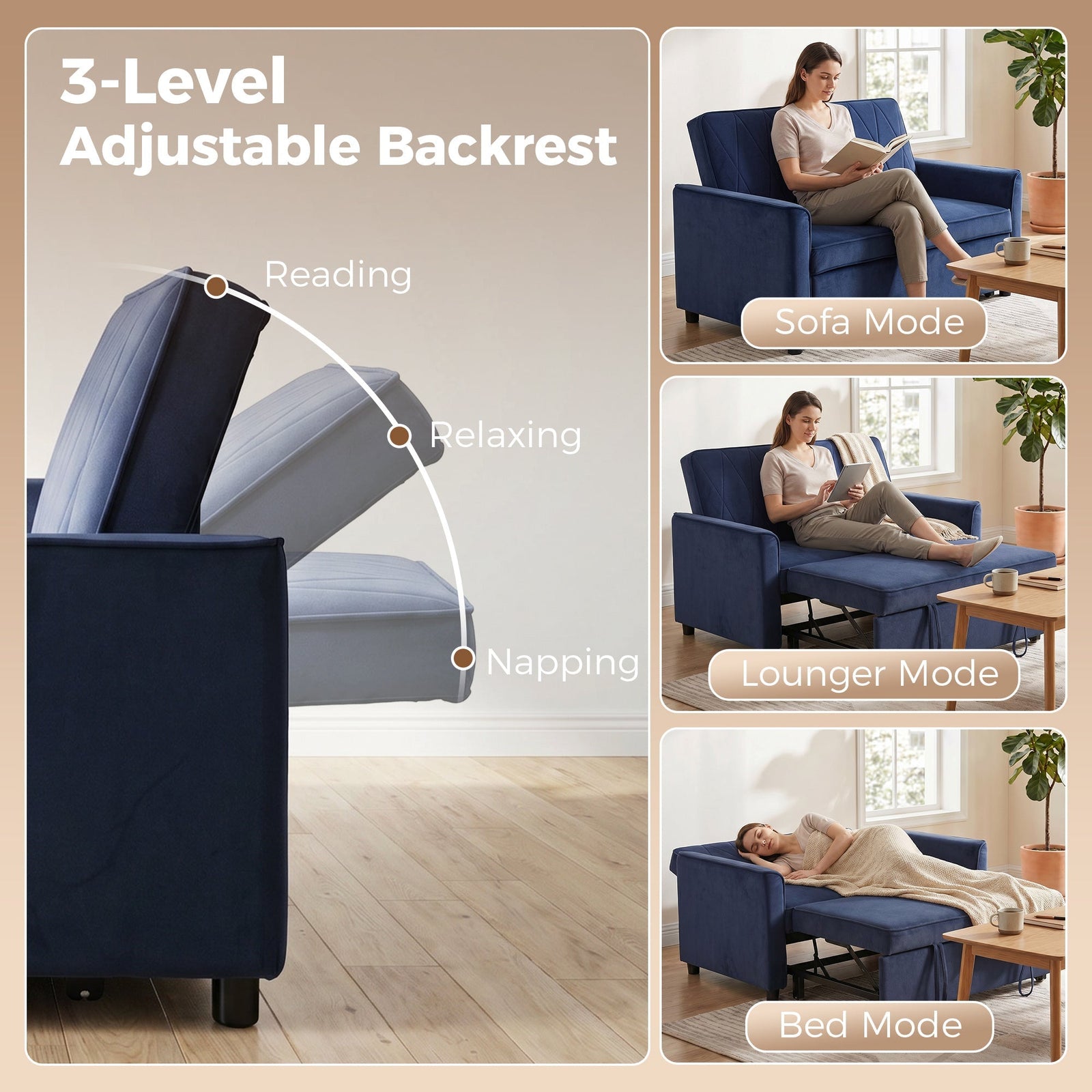 HOMCOM 2 Seater Sofa Bed, 3-in-1 Convertible Pull Out Sleeper Sofa with Clik-Clack Adjustable Backrest, Dark Blue