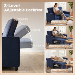 HOMCOM 2 Seater Sofa Bed, 3-in-1 Convertible Pull Out Sleeper Sofa with Clik-Clack Adjustable Backrest, Dark Blue