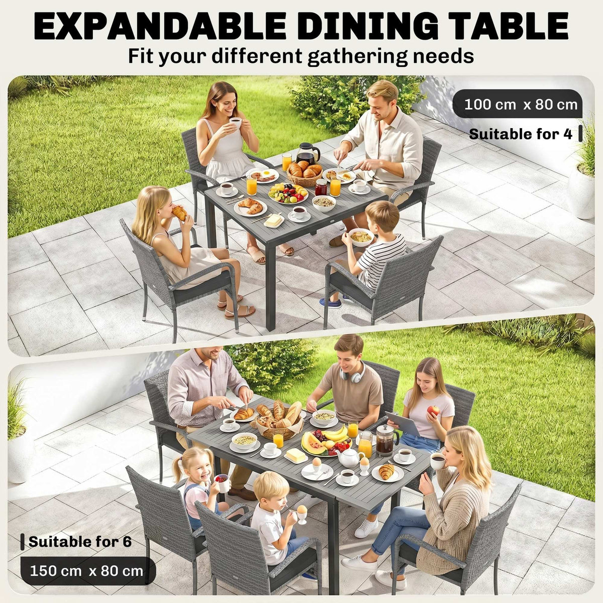 Outsunny 7 Piece Rattan Garden Furniture Set, 6 Seater Garden Table and 6 Stackable Chairs with Extendable Acacia Wood Tabletop