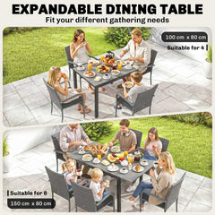 Outsunny 7 Piece Rattan Garden Furniture Set, 6 Seater Garden Table and 6 Stackable Chairs with Extendable Acacia Wood Tabletop