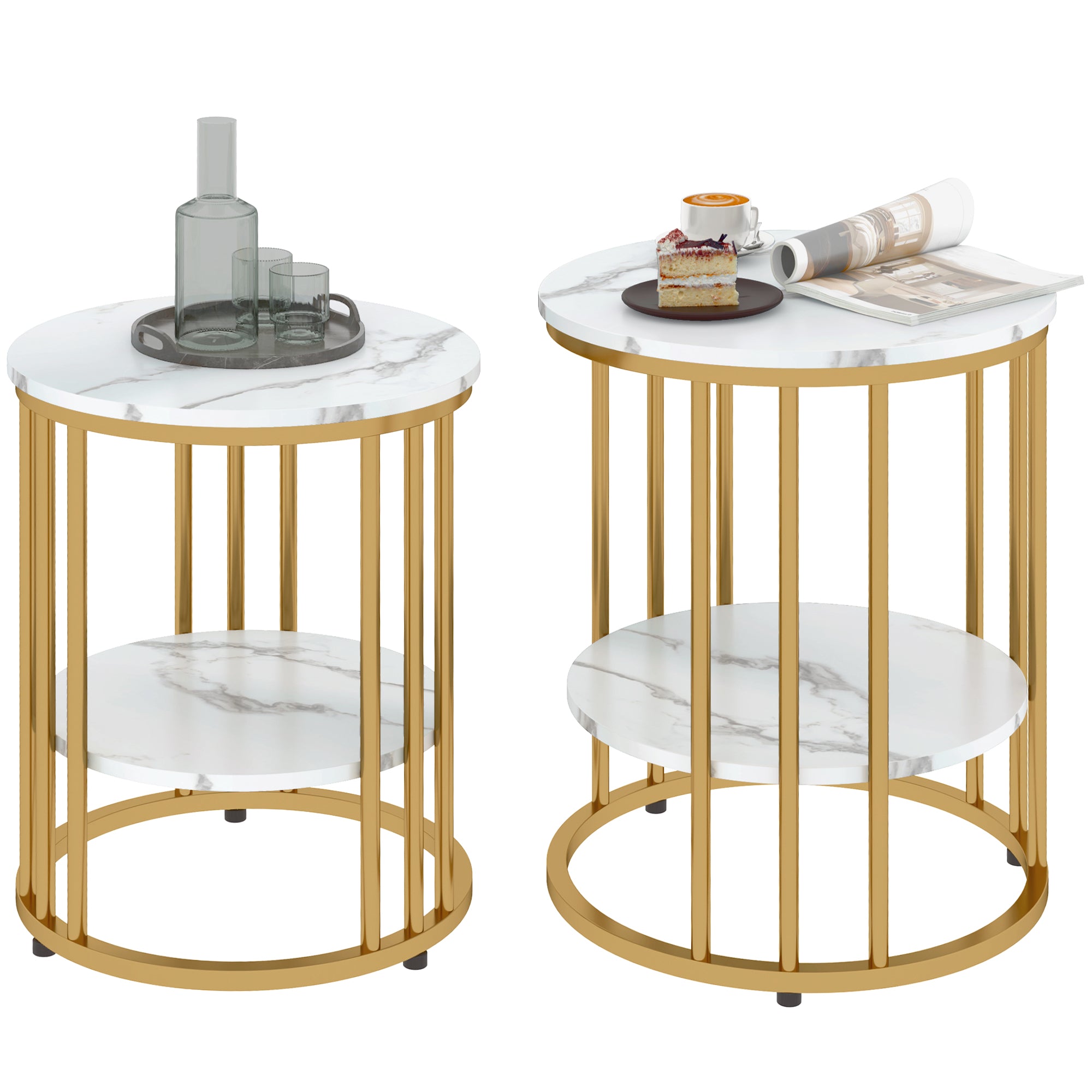 HOMCOM Set of Two Marble-Effect Coffee Tables - White/Gold-Tone