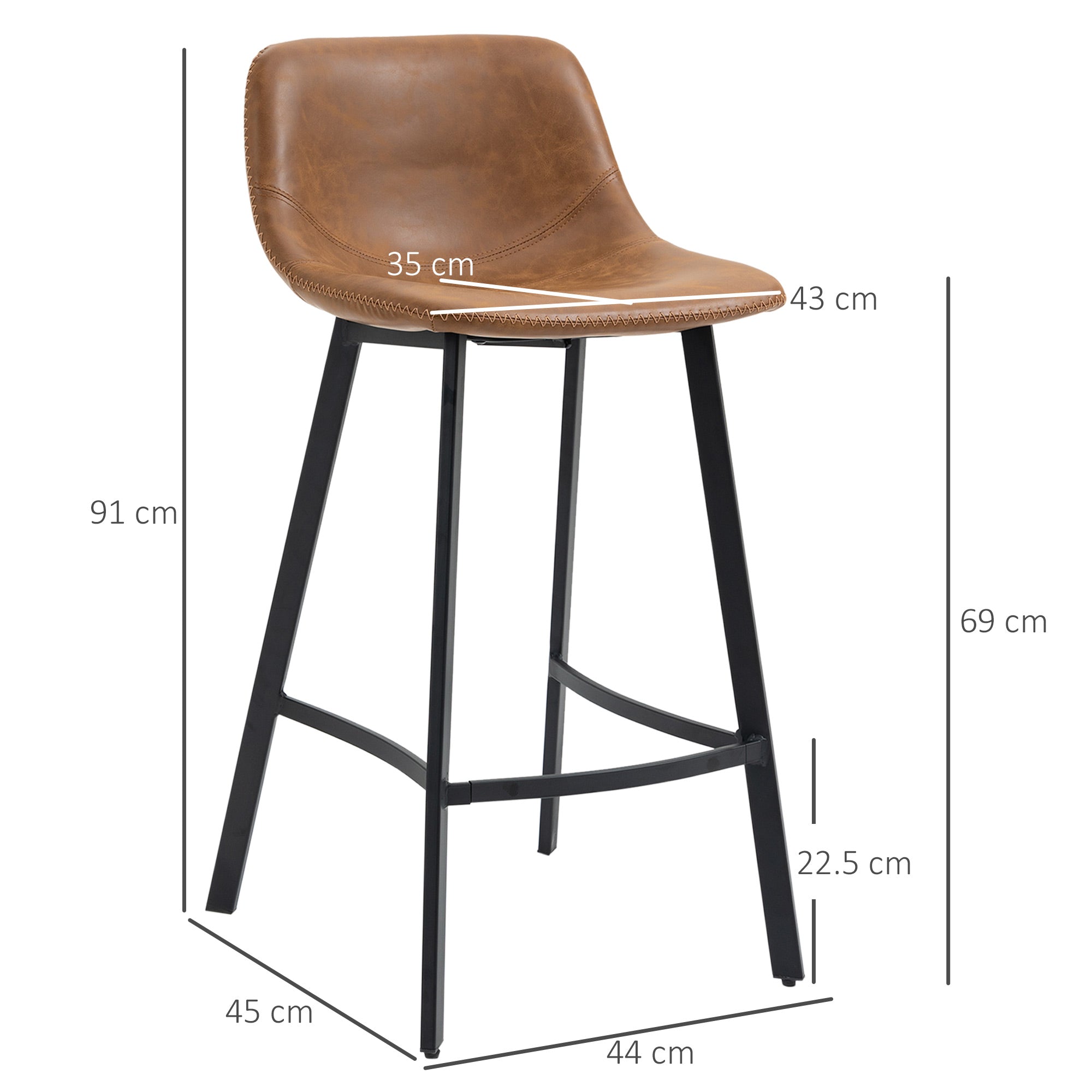 HOMCOM Bar Stools Set of 2, PU Leather Dining Stools with Backrest, Footrest, for Kitchen, Counter, Breakfast Bar, Brown