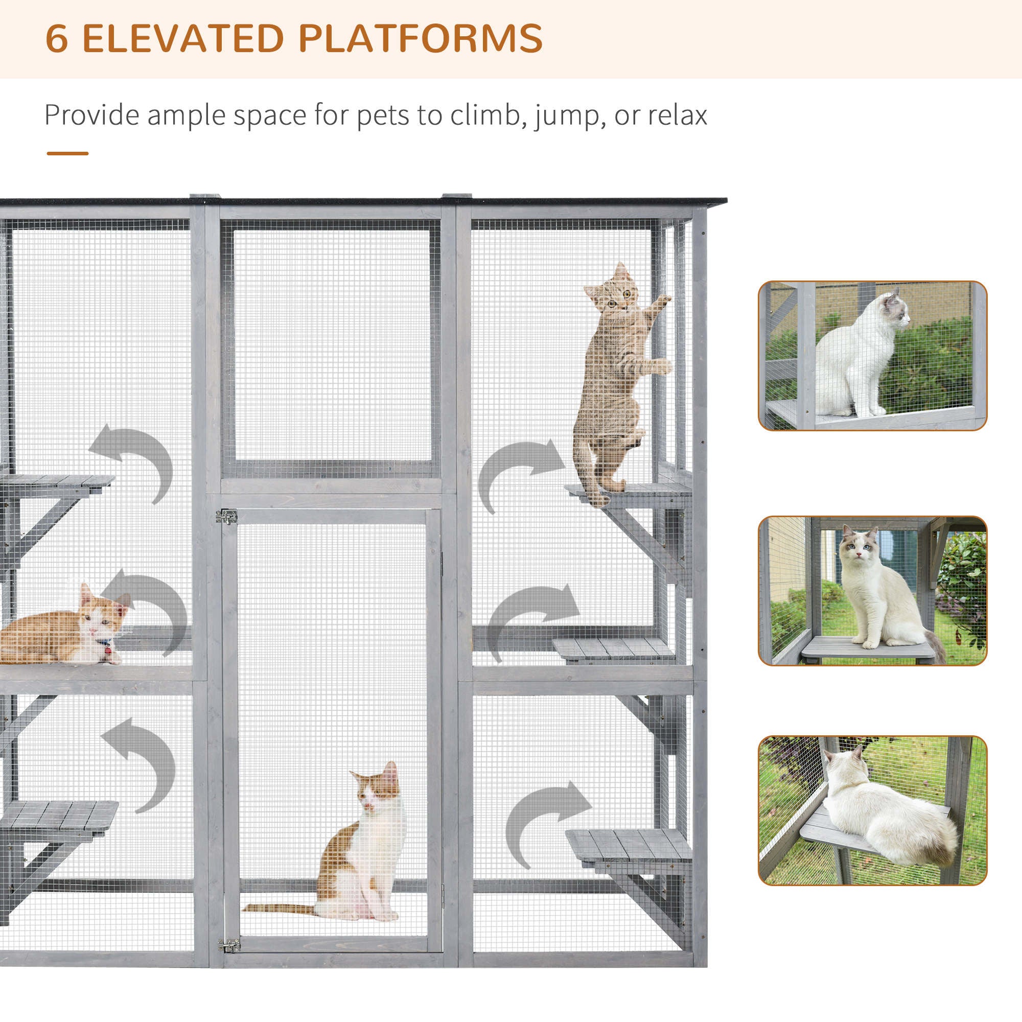 PawHut Wooden Catio Cat Outdoor Enclosure, Cat Cage with Waterproof Roof, Platforms, for Multiple Kittens, 180 x 98 x 180 cm