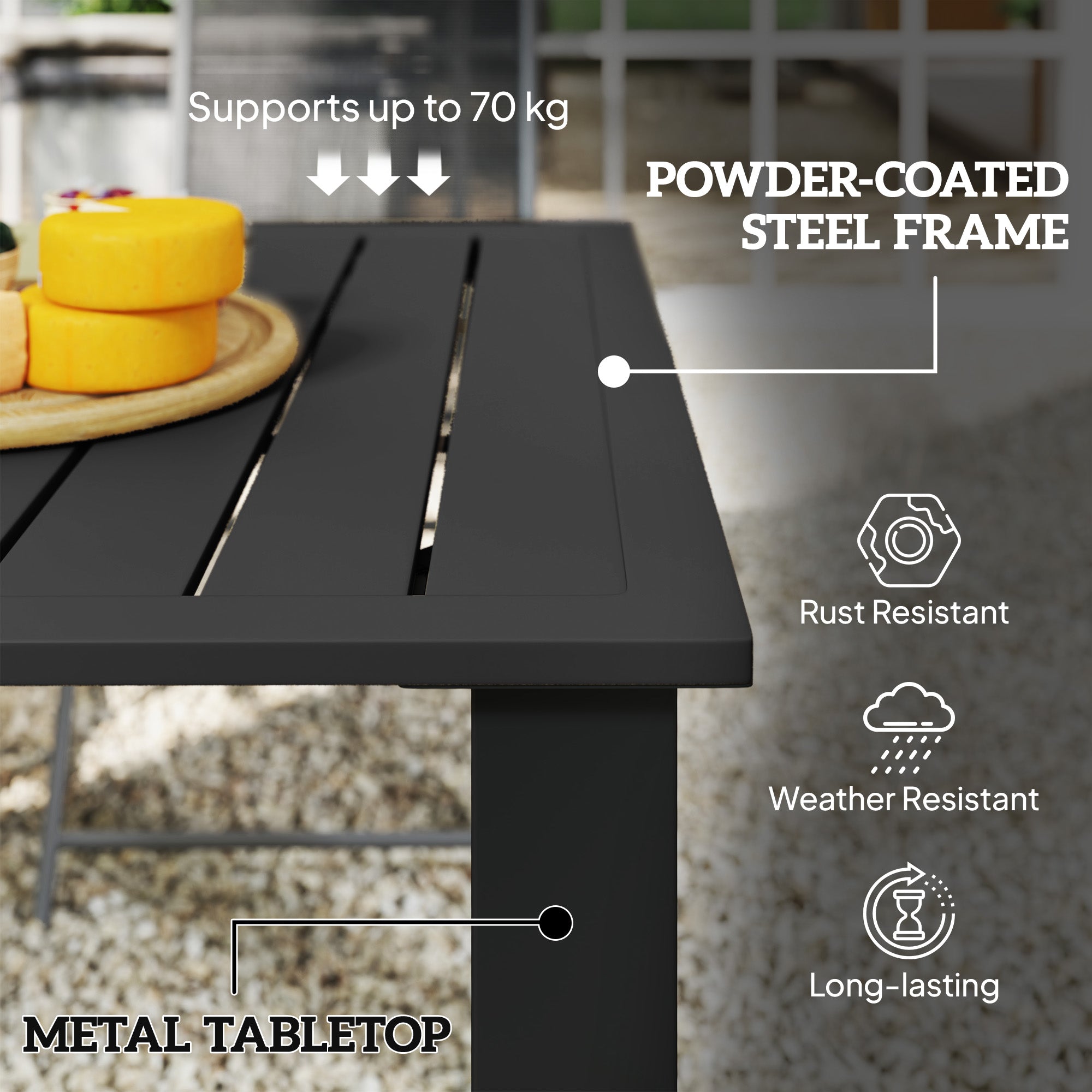 Outsunny Garden Table with Parasol Hole for 6 Person, Rectangle Outdoor Dining Table with Slatted Metal Tabletop, Steel Frame for Patio, Balcony, 150 x 90 x 73 cm, Black