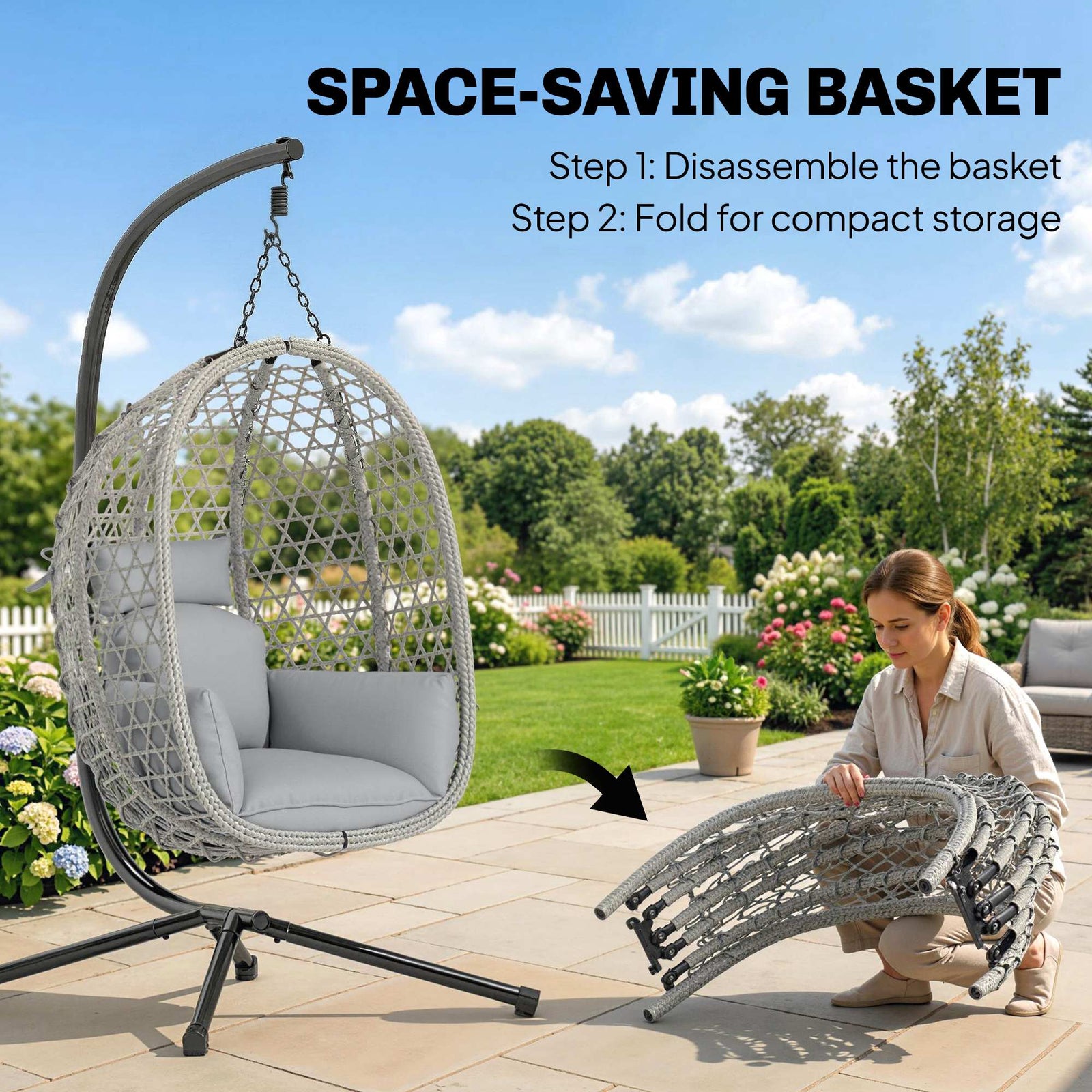 Outsunny Hanging Egg Chair, Indoor Outdoor Rattan Hammock Swing Chair with Stand, Safety Strap, Foldable Basket, Light Grey