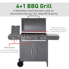 Outsunny 4+1 Burner Gas BBQ Grill, Outdoor Barbecue Trolley with Wheels, Warming Rack, Side Shelves, Cabinet, Thermometer for Garden, Party, Camping, 125L x 51W x 100Hcm, Grey