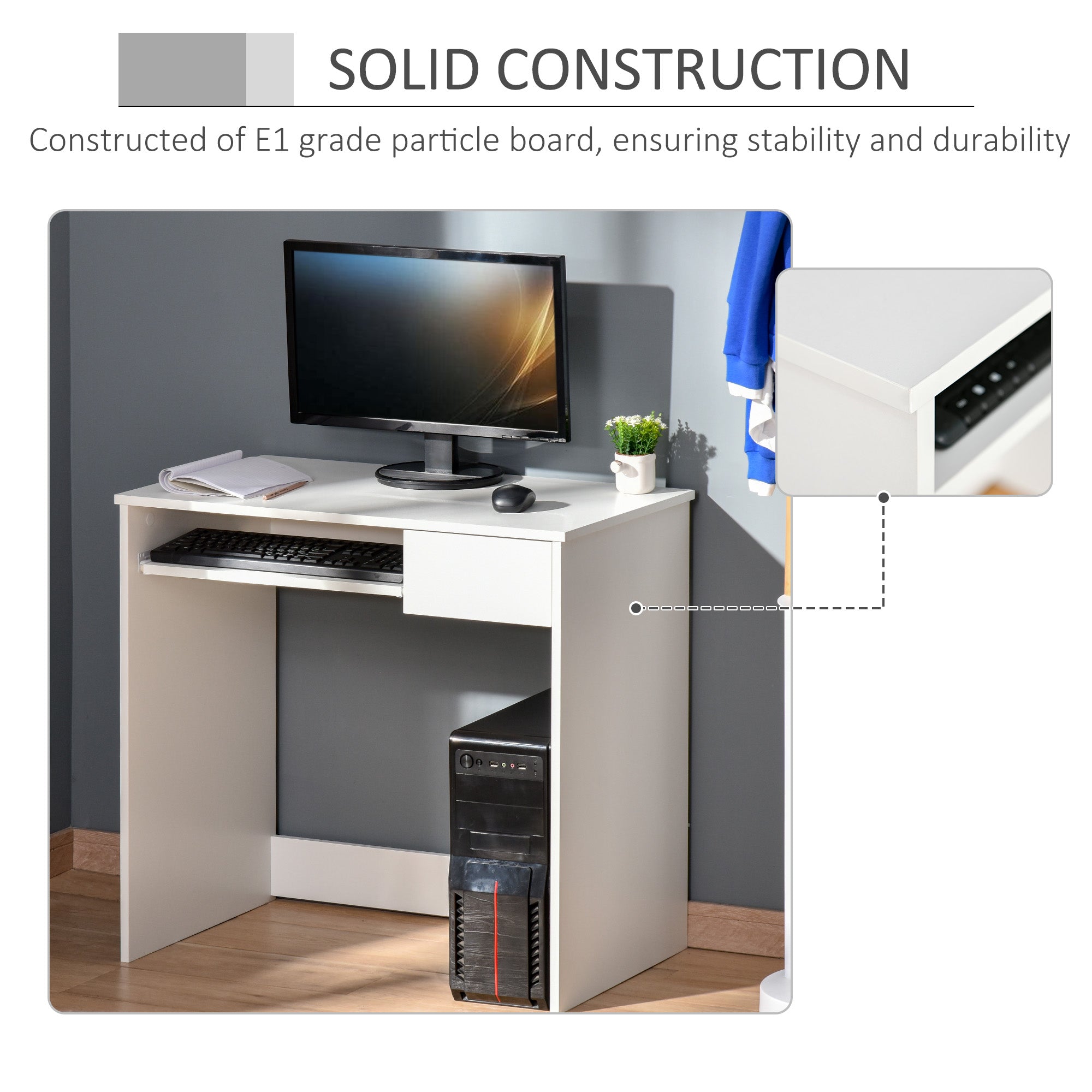 HOMCOM 80cm Compact Computer Desk with Keyboard Tray, Home Office Desk with Drawer for Bedroom Study, White