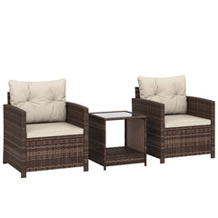 Outsunny Rattan Bistro Set, 3 Piece Garden Furniture Set with 2 Tier Glass Top Table and Cushions, Mixed Brown