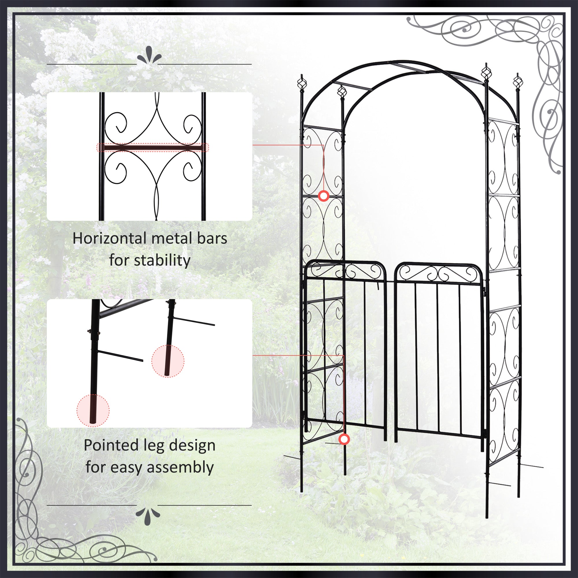 Outsunny Garden Decorative Metal Arch with Gate Outdoor Patio Trellis Arbor for Climbing Plant Archway Antique Black - 108L x 45W x 215Hcm