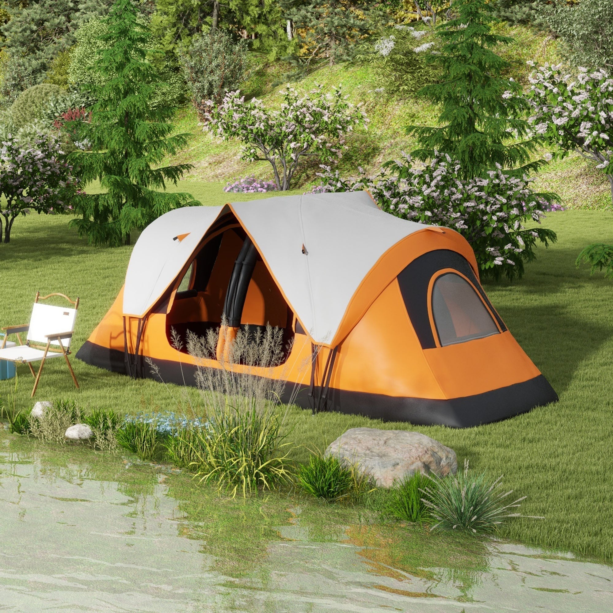 Outsunny 2 Bedroom Tent Six-man Seates Family Camping for Outdoor Adventure, Orange