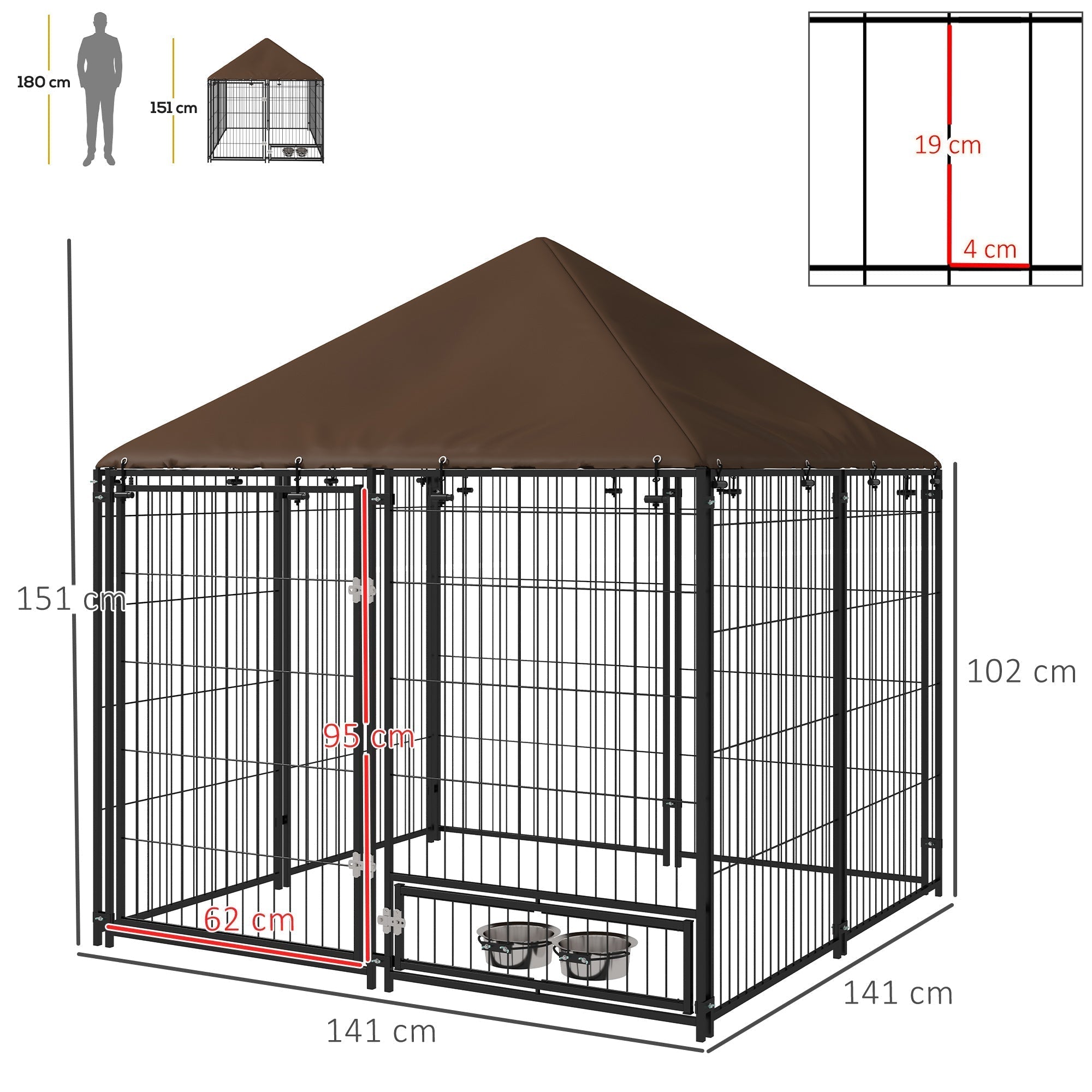 PawHut Outdoor Dog Kennel Puppy Play Pen with Canopy Garden Playpen Fence Crate Enclosure Cage Rotating Bowl 141 x 141 x 151 cm