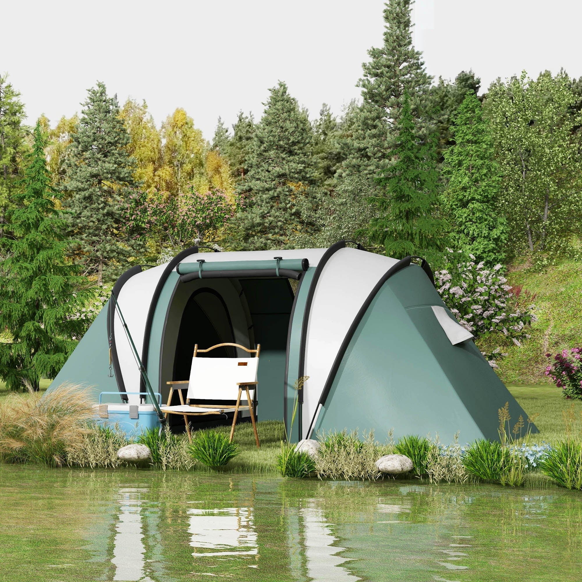 Outsunny Two-Man Tent, with Bedrooms, Living Room and Canopy - Dark Green