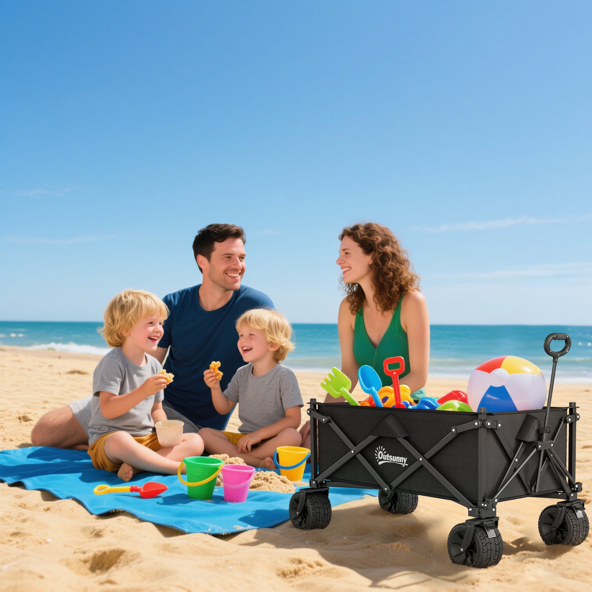 Outsunny Folding Garden Trolley, Outdoor Wagon Cart with Carry Bag, for Beach, Camping, Festival, 120KG Capacity, Black