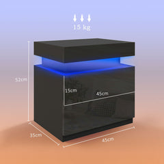 HOMCOM Black Bedside Table with LED Light, High Gloss Front Nightstand with 2 Drawers, for Living Room, Bedroom