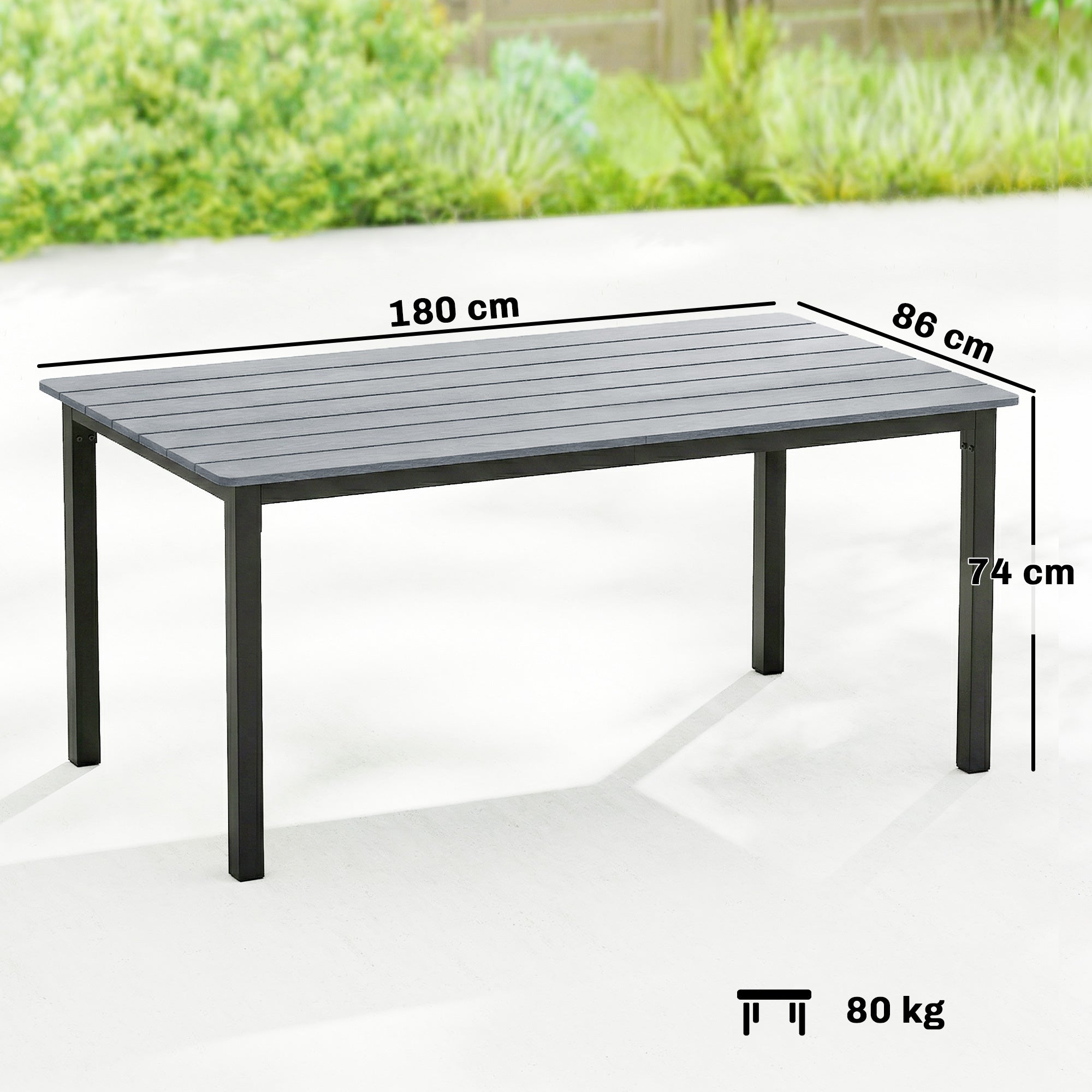 Outsunny Garden Dining Table for 6-8 Person, 180 x 86 cm Rectangular Outdoor Dining Table with Wood Slatted Top, Grey