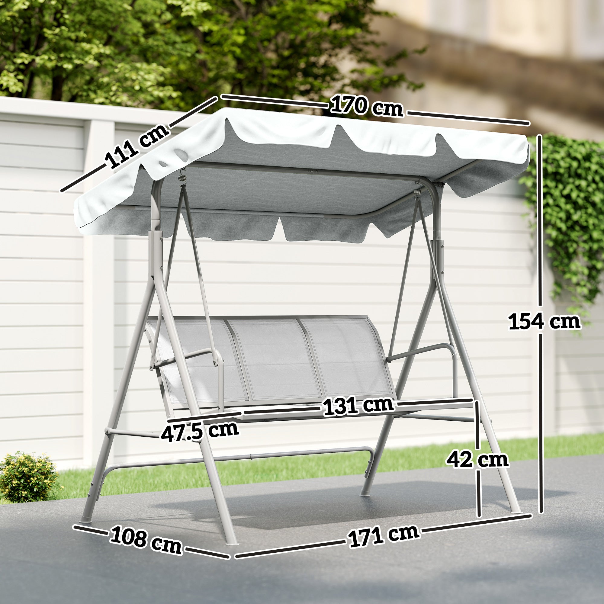 Outsunny Metal Garden Swing Chair, 3-Seater Swing Seat, Patio Hammock Bench Canopy Lounger, Light Grey